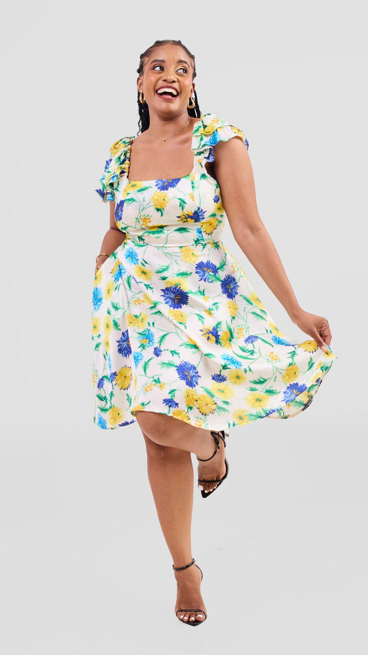 Zambarau Apparel Flowery Dress - Cream / Blue