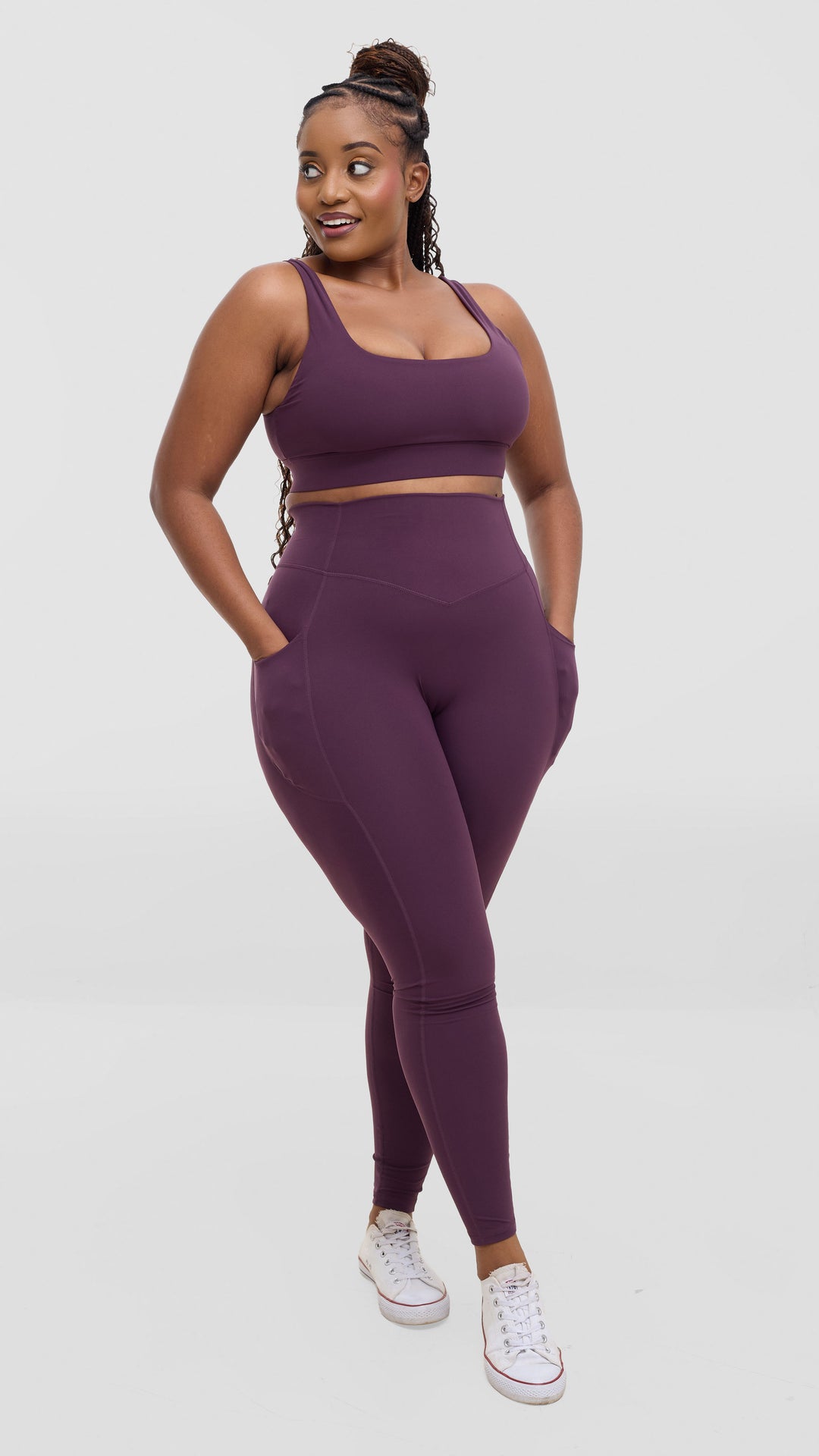 Flen Store High Impact Sports Bra and Leggings with Pockets  Set -  Dark Purple