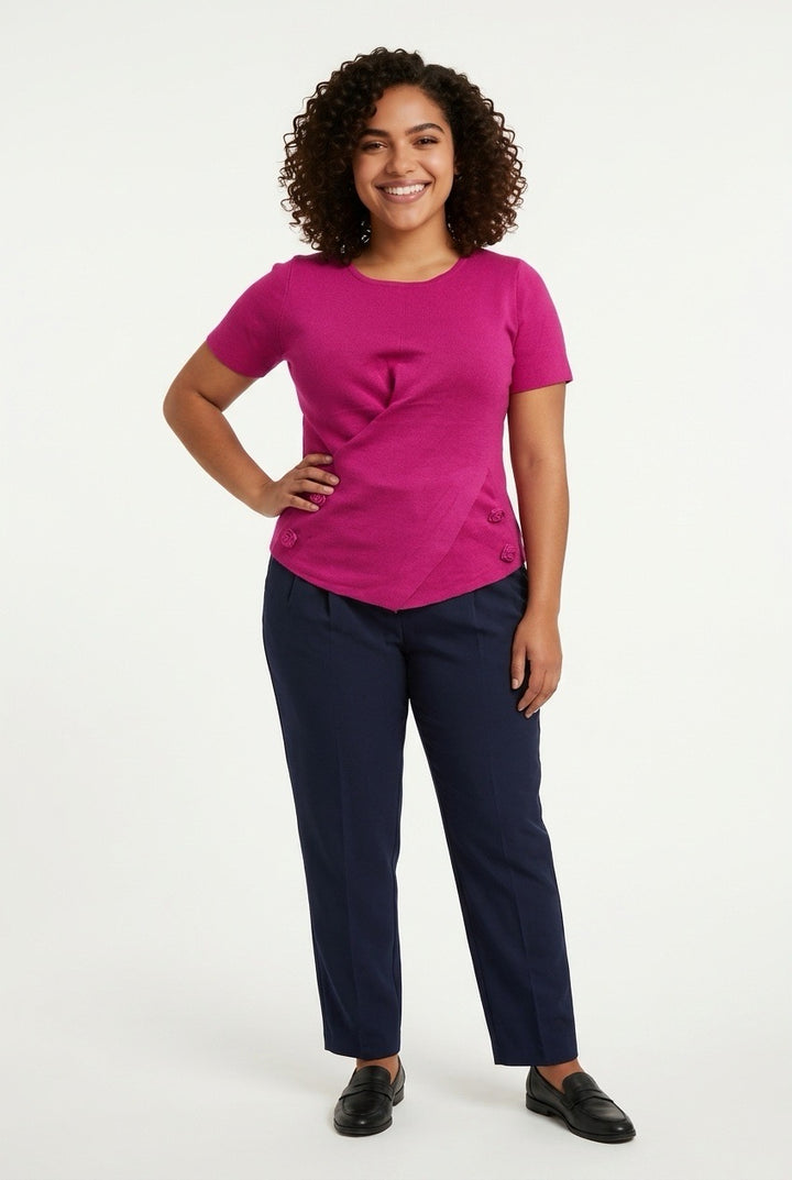 Stylish Sisters  Asymmetrical Floral Detail Knit Top - Hot Pink