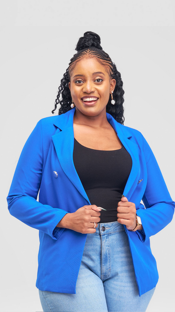 The Fashion Frenzy Elara Tailored Double-Button Blazer - Royal Blue