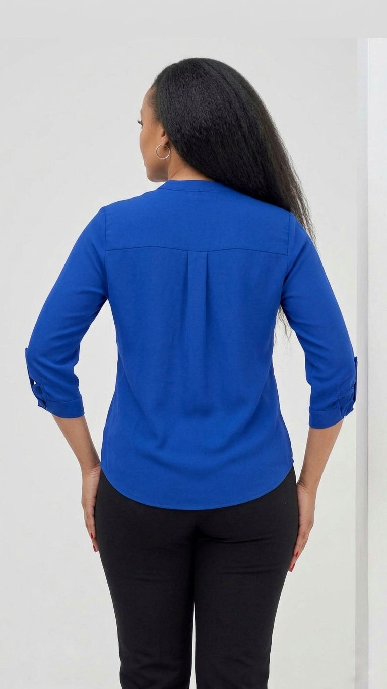The Fashion Frenzy Royal Blue Notch Neck Blouse