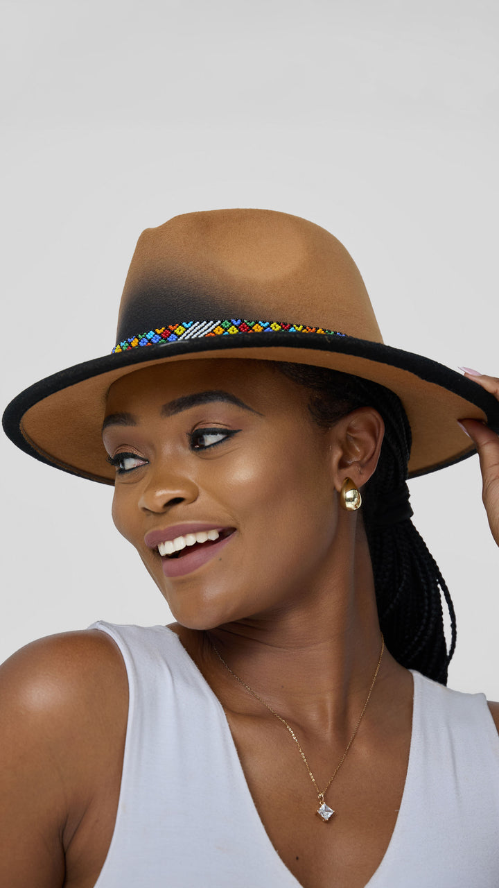 Umbo Collections Culture Craft Beaded Fedora Hat - Beige / Black Ombre