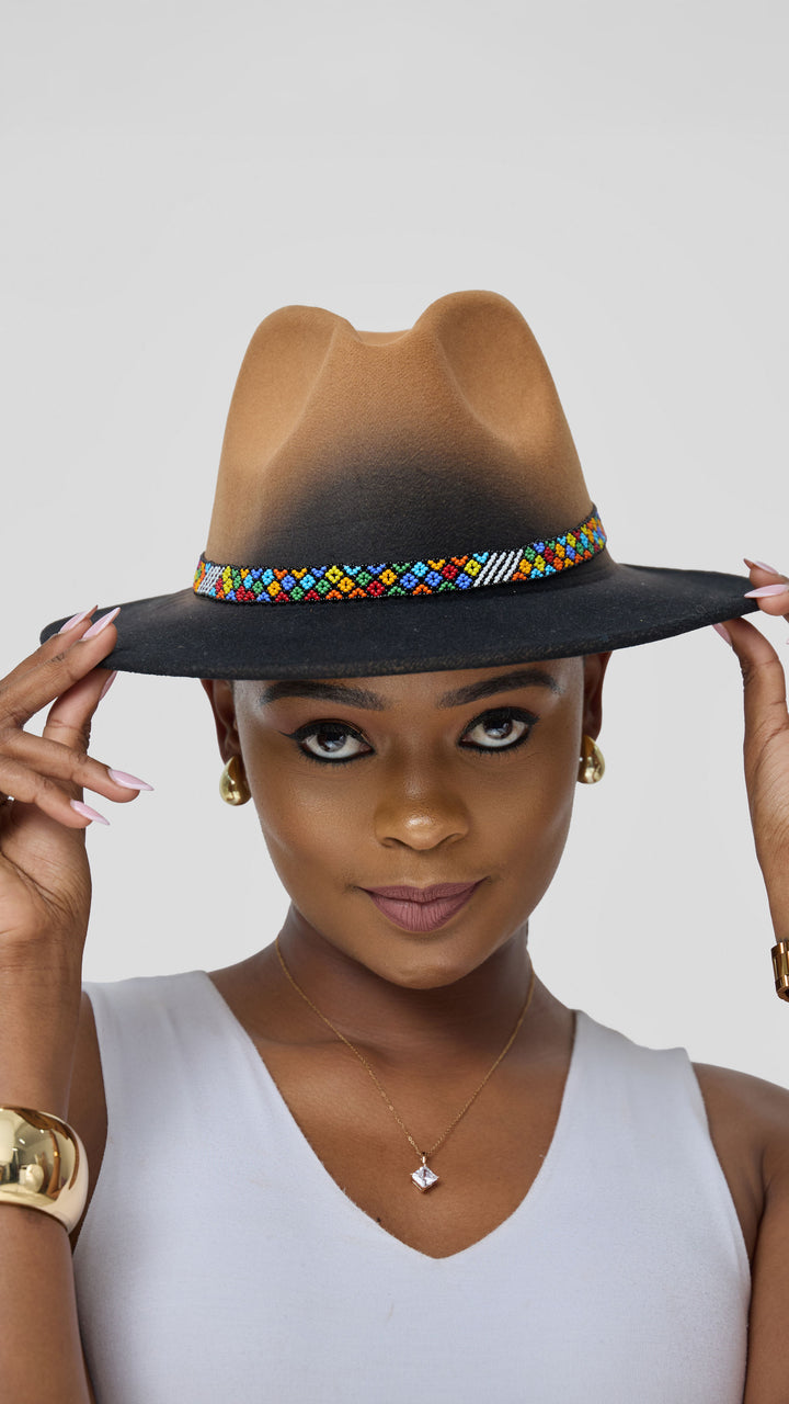 Umbo Collections Culture Craft Beaded Fedora Hat - Beige / Black Ombre