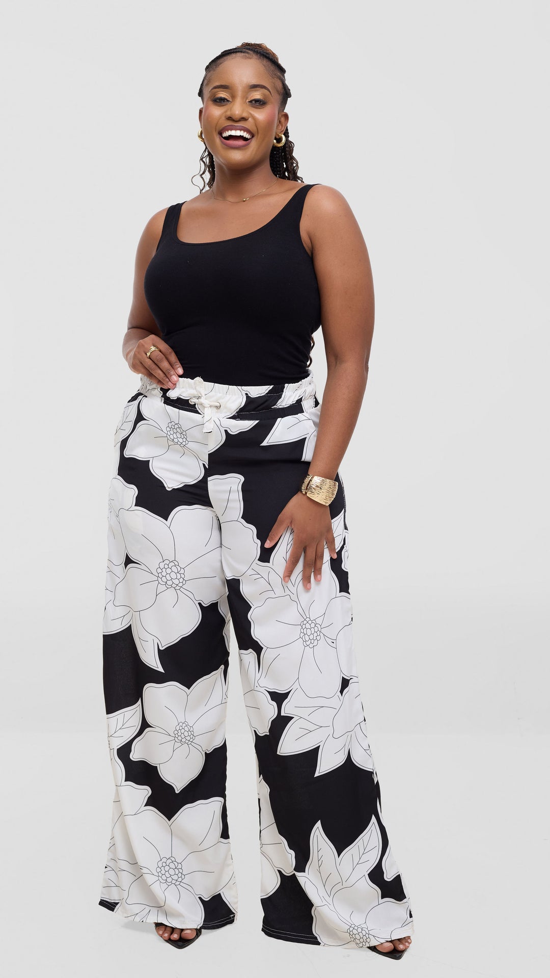 TimyT Urban Wear-Bloom Palazzo Pant - Black / White Floral Print
