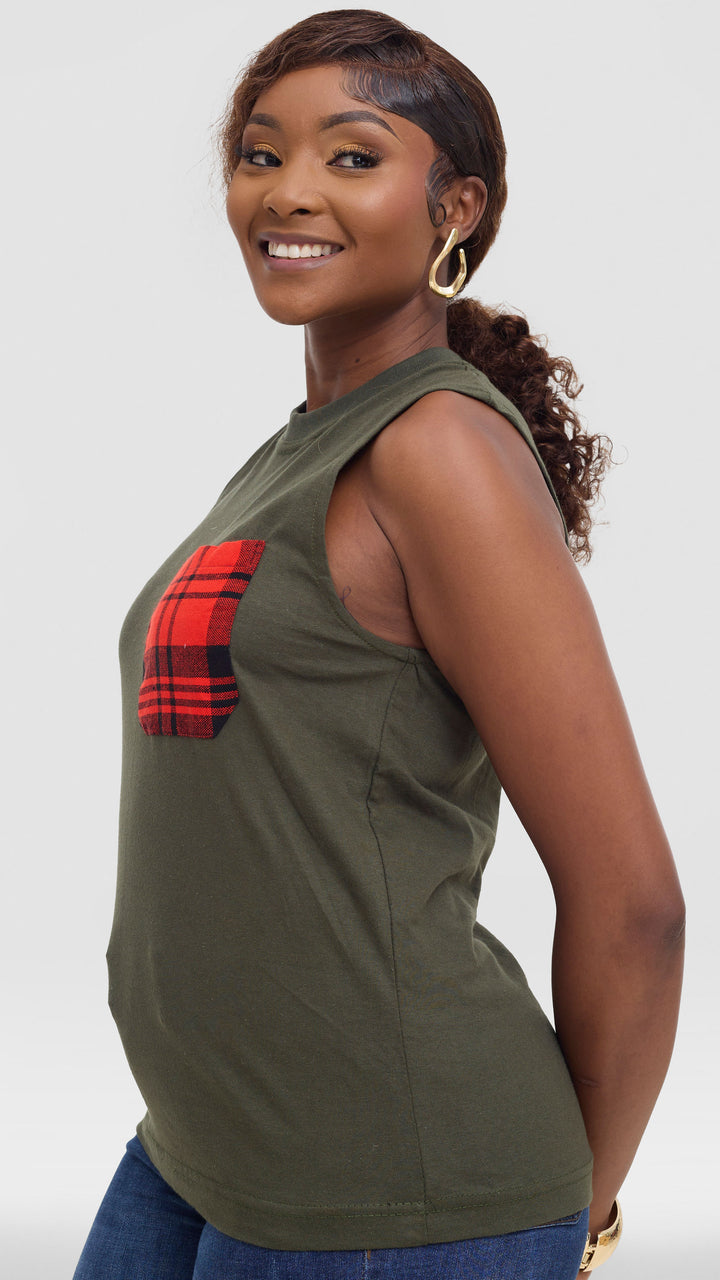 Princess Affair Tank Tshirt with Maasai Detail - Olive Green