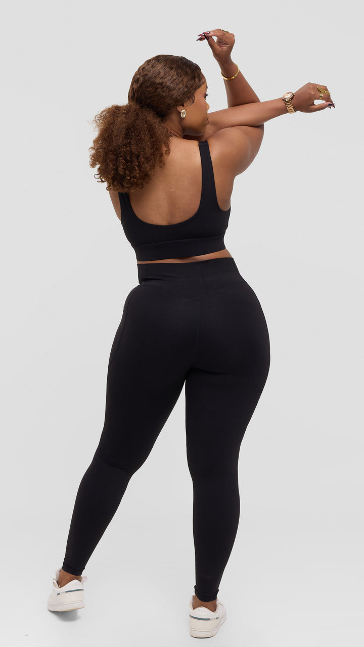 Flen Store High Impact Sports Bra and Leggings with Pockets  Set -  Black