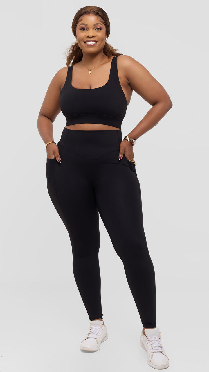 Flen Store High Impact Sports Bra and Leggings with Pockets  Set -  Black