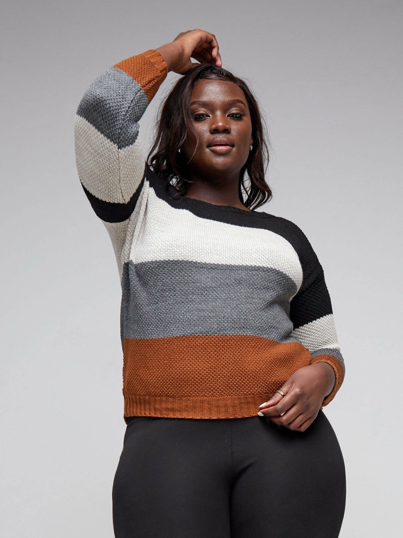 The Fashion Frenzy Round Neck Pullover Sweater - Brown Colour Block - Shopzetu