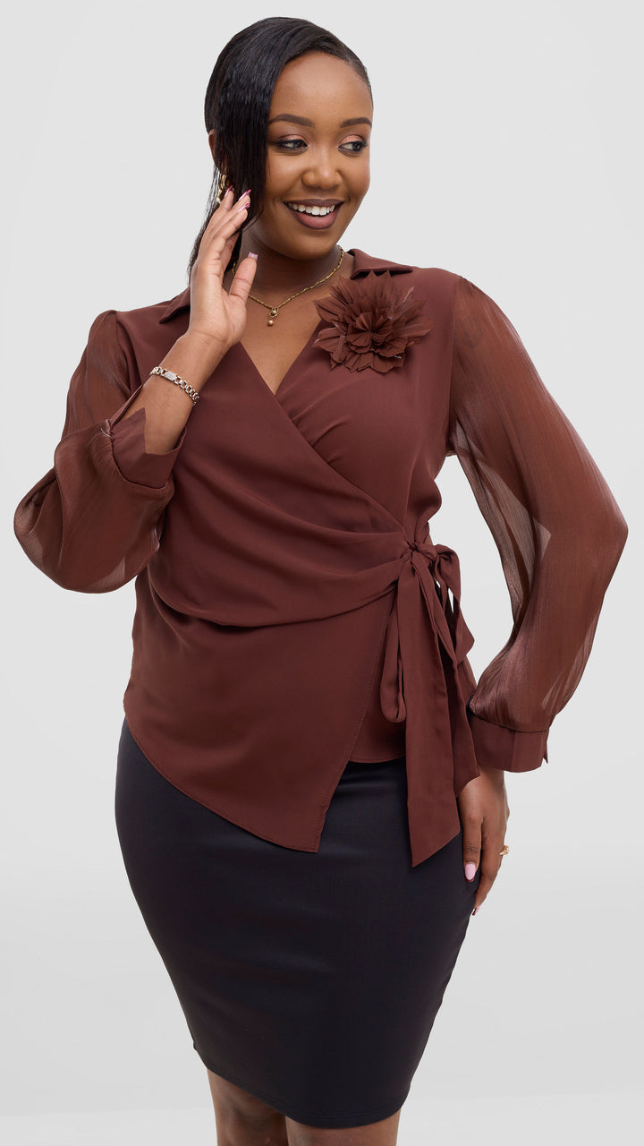 The Fashion Frenzy Wrap Blouse - Brown