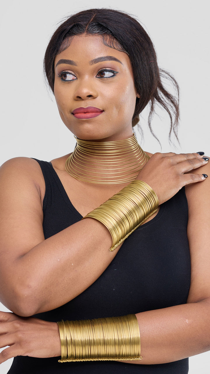 Naruki African Brass Statement Choker Necklace & Bangle Set - Brass
