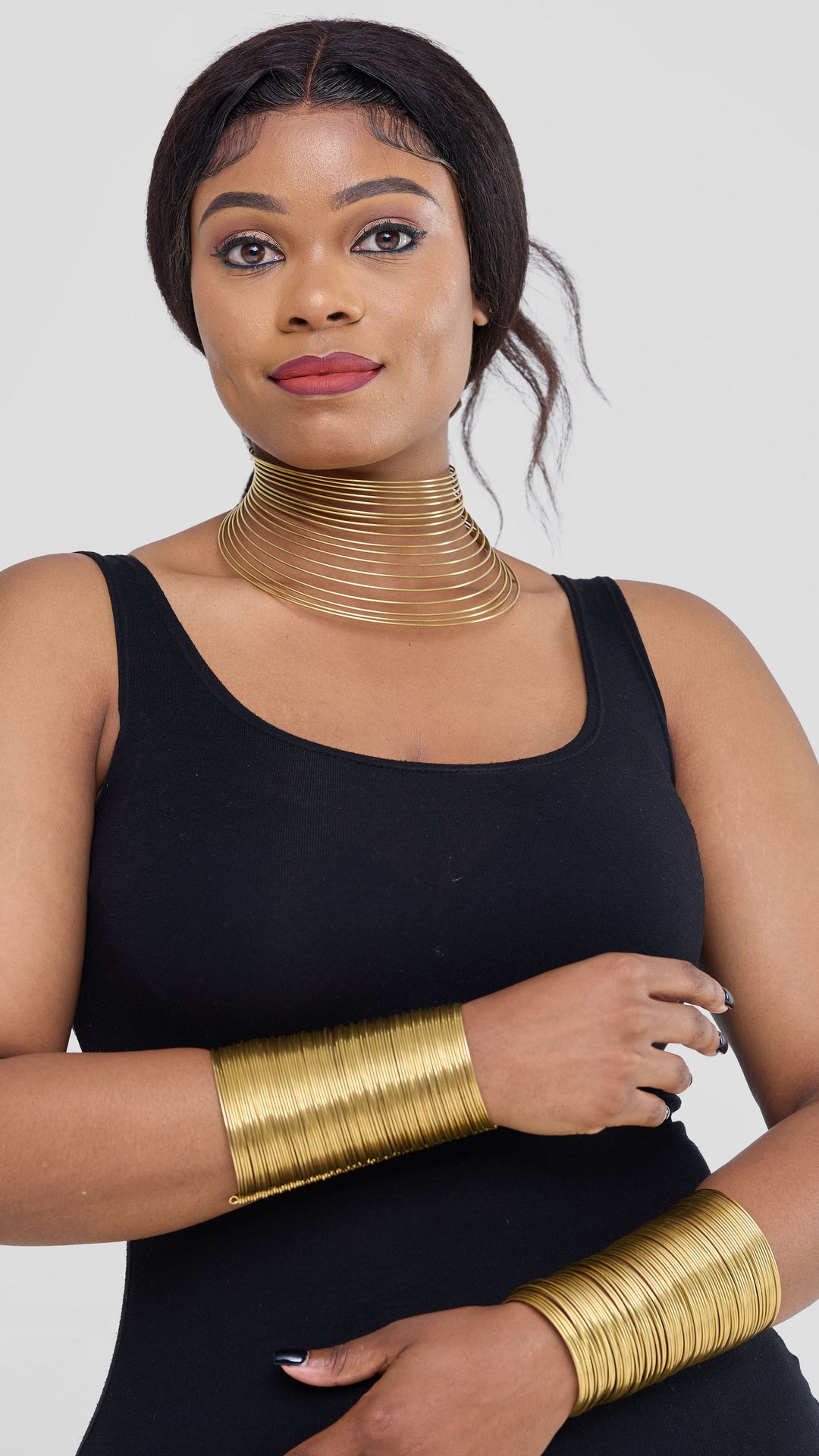 Naruki African Brass Statement Choker Necklace & Bangle Set - Brass