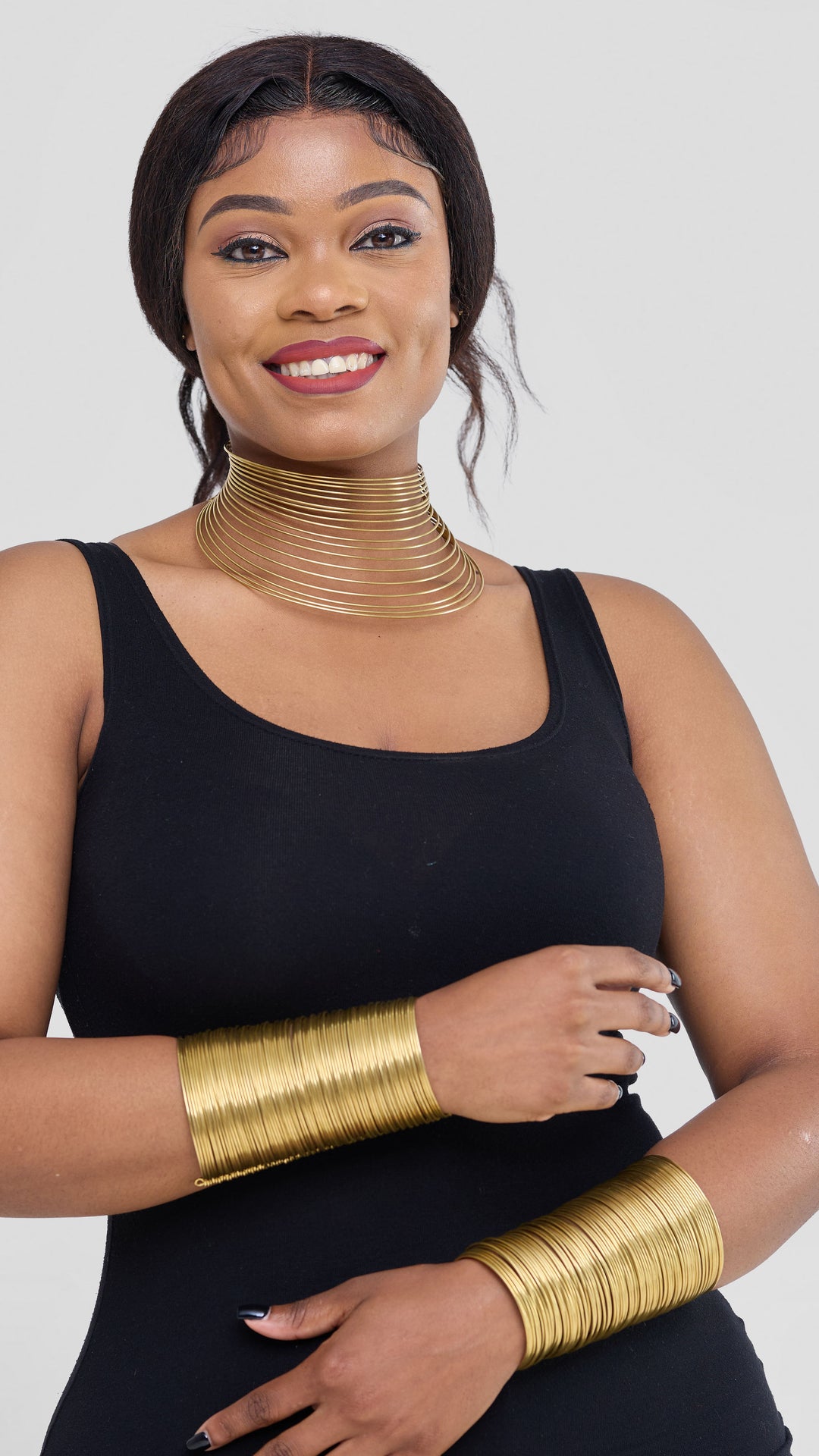 Naruki African Brass Statement Choker Necklace & Bangle Set - Brass