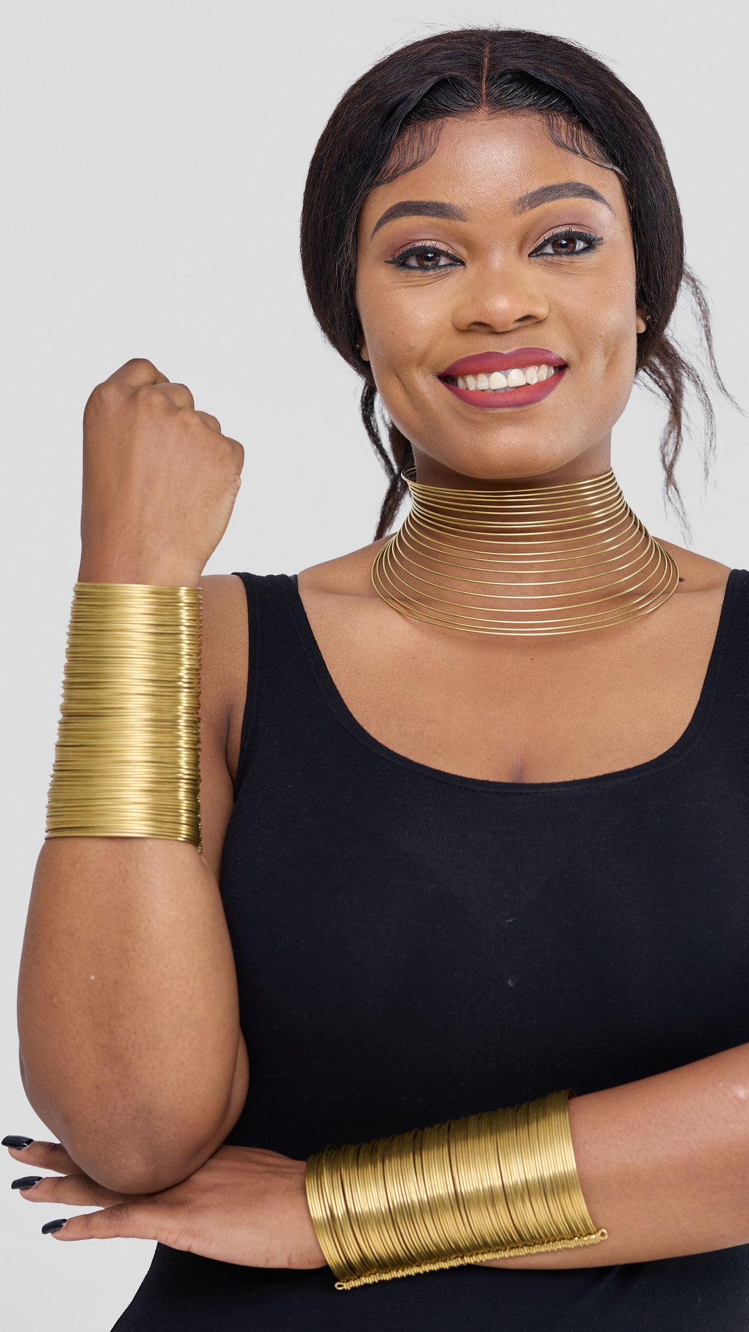 Naruki African Brass Statement Choker Necklace & Bangle Set - Brass