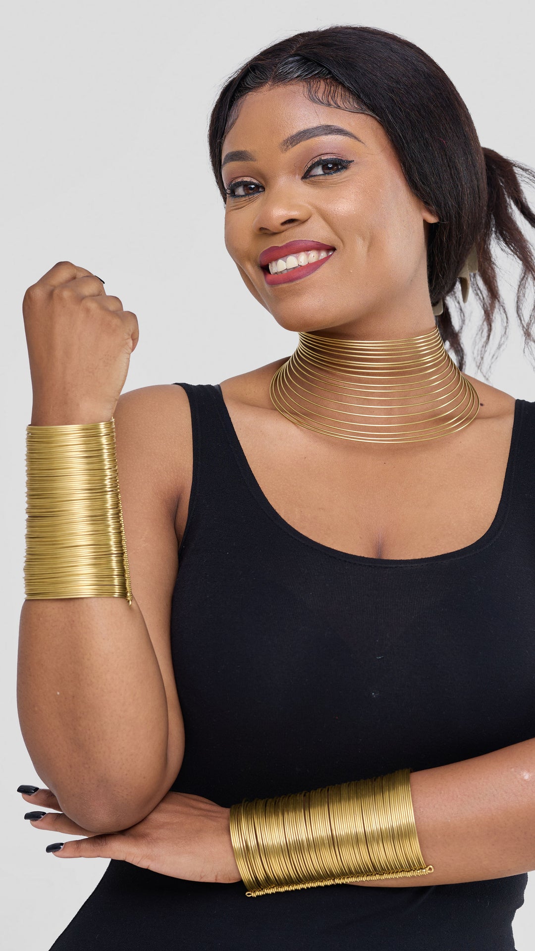 Naruki African Brass Statement Choker Necklace & Bangle Set - Brass