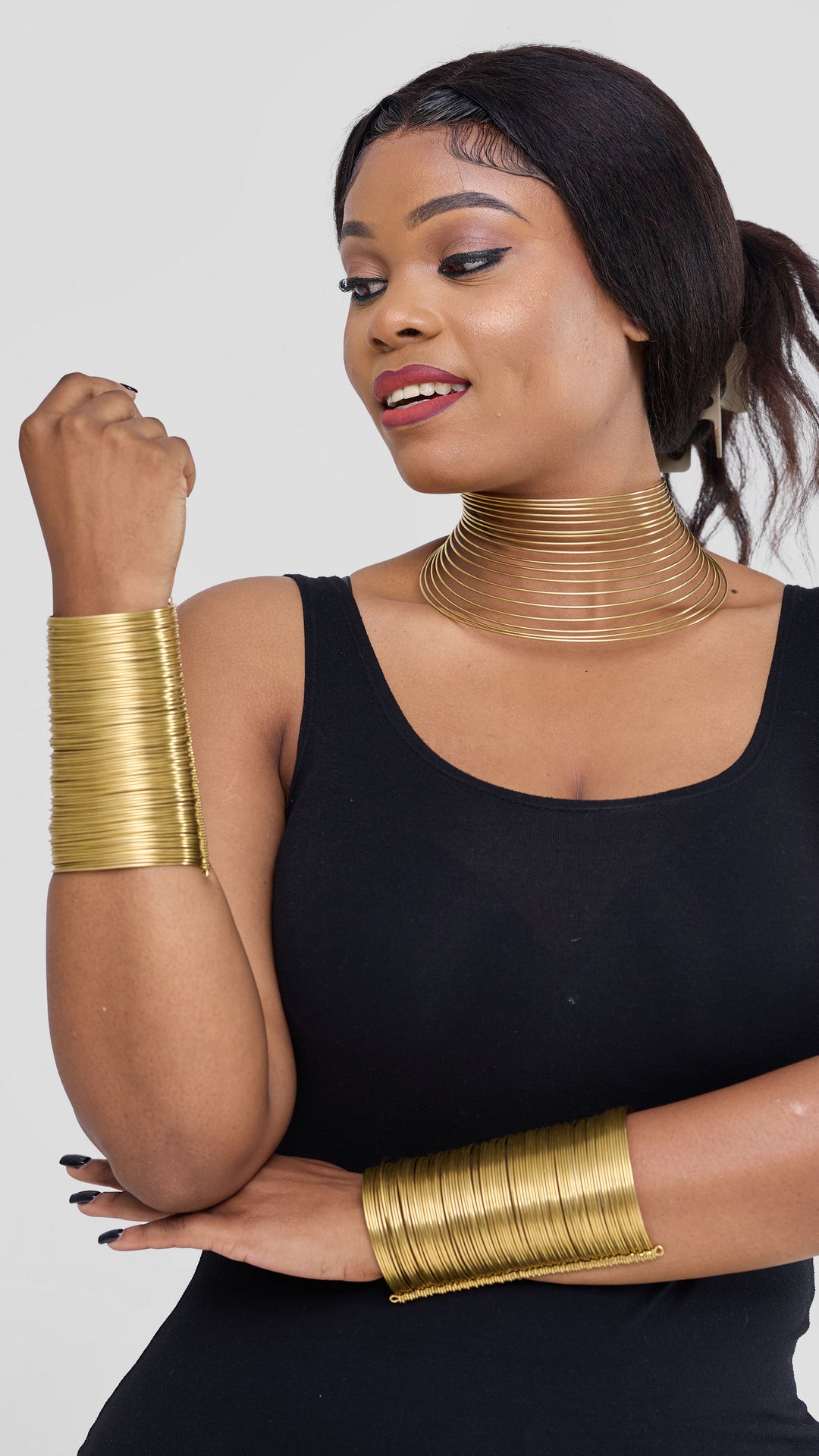 Naruki African Brass Statement Choker Necklace & Bangle Set - Brass