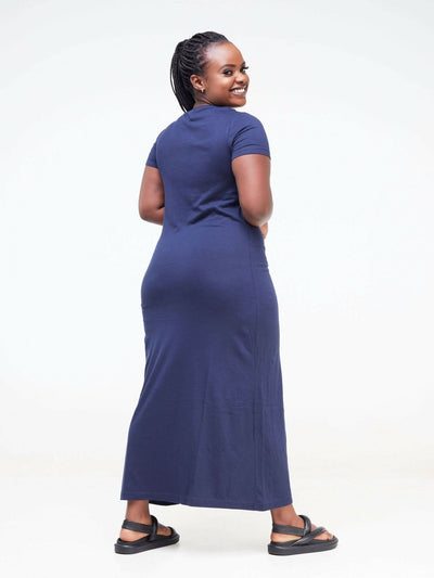 Hessed Sleeved Midi Plain Dress - Navy blue - Shopzetu