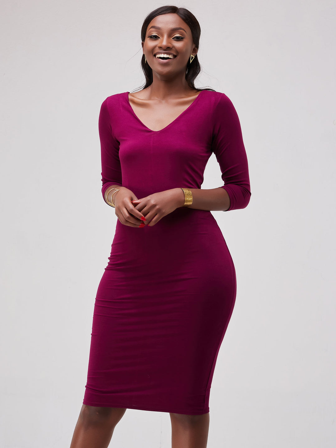 Vivo Basic 3/4 Sleeve Double Layered Bodycon Dress - Burgundy