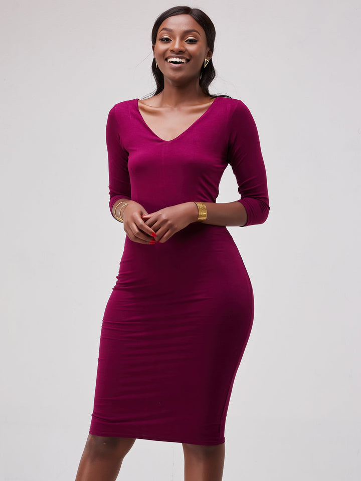 Vivo Basic 3/4 Sleeve Double Layered Bodycon Dress - Burgundy