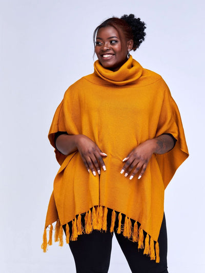 Vivo Turtleneck Knit Fringe Poncho - Mustard - Shopzetu