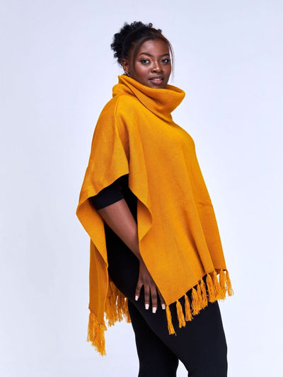 Vivo Turtleneck Knit Fringe Poncho - Mustard - Shopzetu