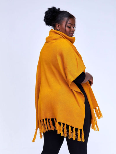 Vivo Turtleneck Knit Fringe Poncho - Mustard - Shopzetu