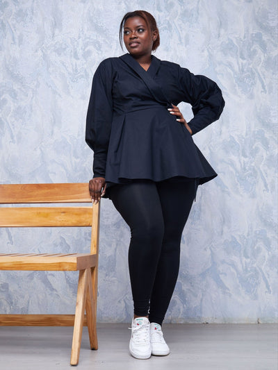 Safari Hawi Peplum Bishop Sleeve Wrap Coat - Black - Shopzetu