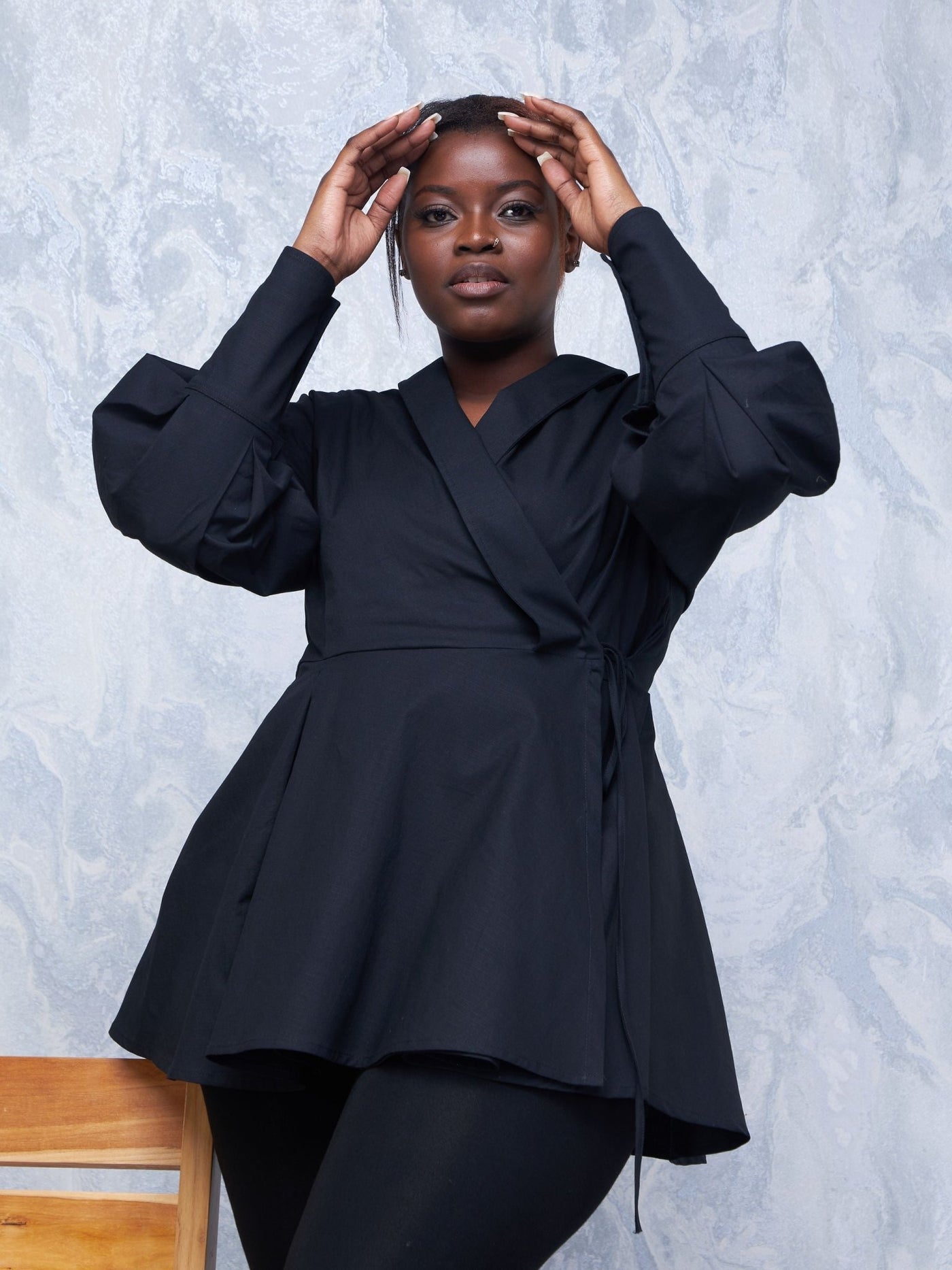 Safari Hawi Peplum Bishop Sleeve Wrap Coat - Black - Shopzetu