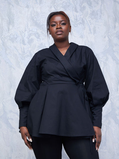 Safari Hawi Peplum Bishop Sleeve Wrap Coat - Black - Shopzetu