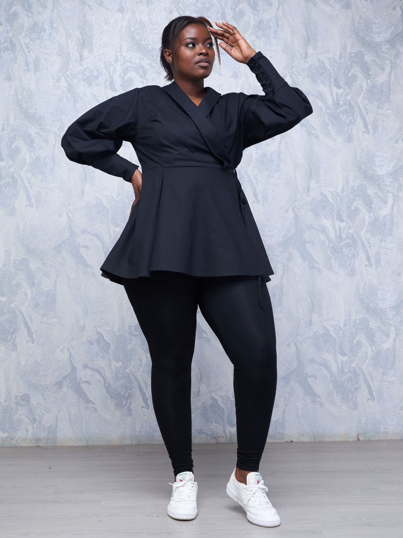 Safari Hawi Peplum Bishop Sleeve Wrap Coat - Black - Shopzetu