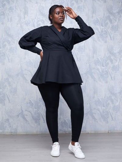 Safari Hawi Peplum Bishop Sleeve Wrap Coat - Black - Shopzetu