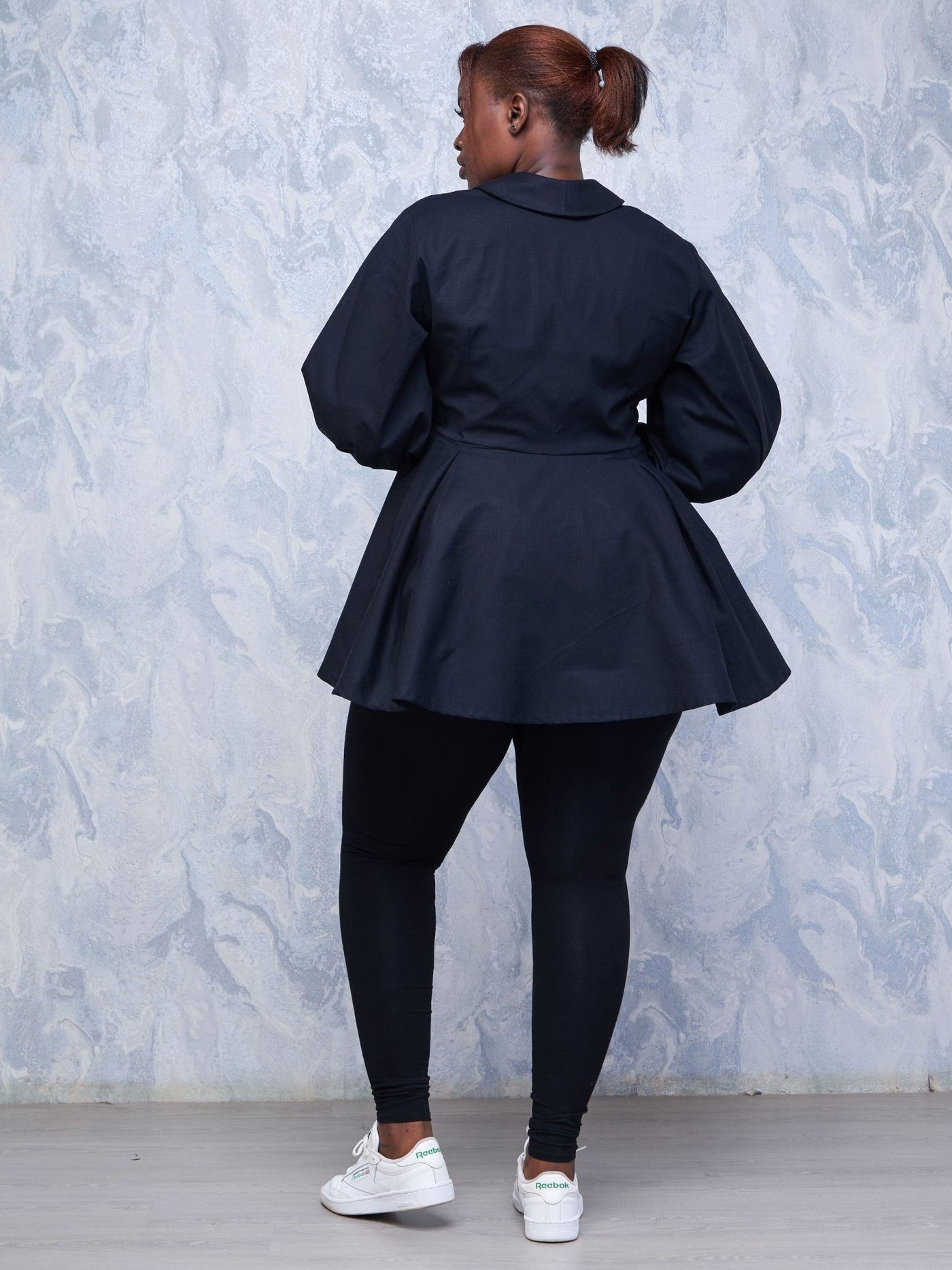 Safari Hawi Peplum Bishop Sleeve Wrap Coat - Black - Shopzetu