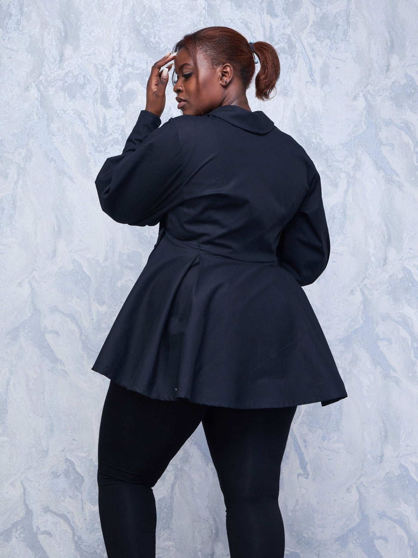 Safari Hawi Peplum Bishop Sleeve Wrap Coat - Black - Shopzetu