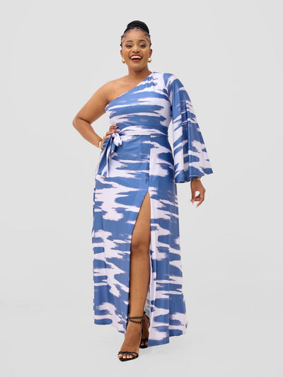 Vivo Yene One Shoulder Maxi Dress - White / Teal Shibori Print - Shopzetu