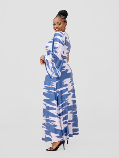 Vivo Yene One Shoulder Maxi Dress - White / Teal Shibori Print - Shopzetu