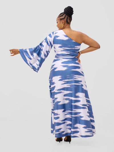 Vivo Yene One Shoulder Maxi Dress - White / Teal Shibori Print - Shopzetu