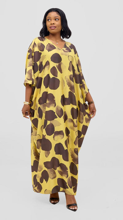Vivo Keza V - Neck Maxi Kaftan - Yellow / Dark Brown Arisi Print - Shopzetu