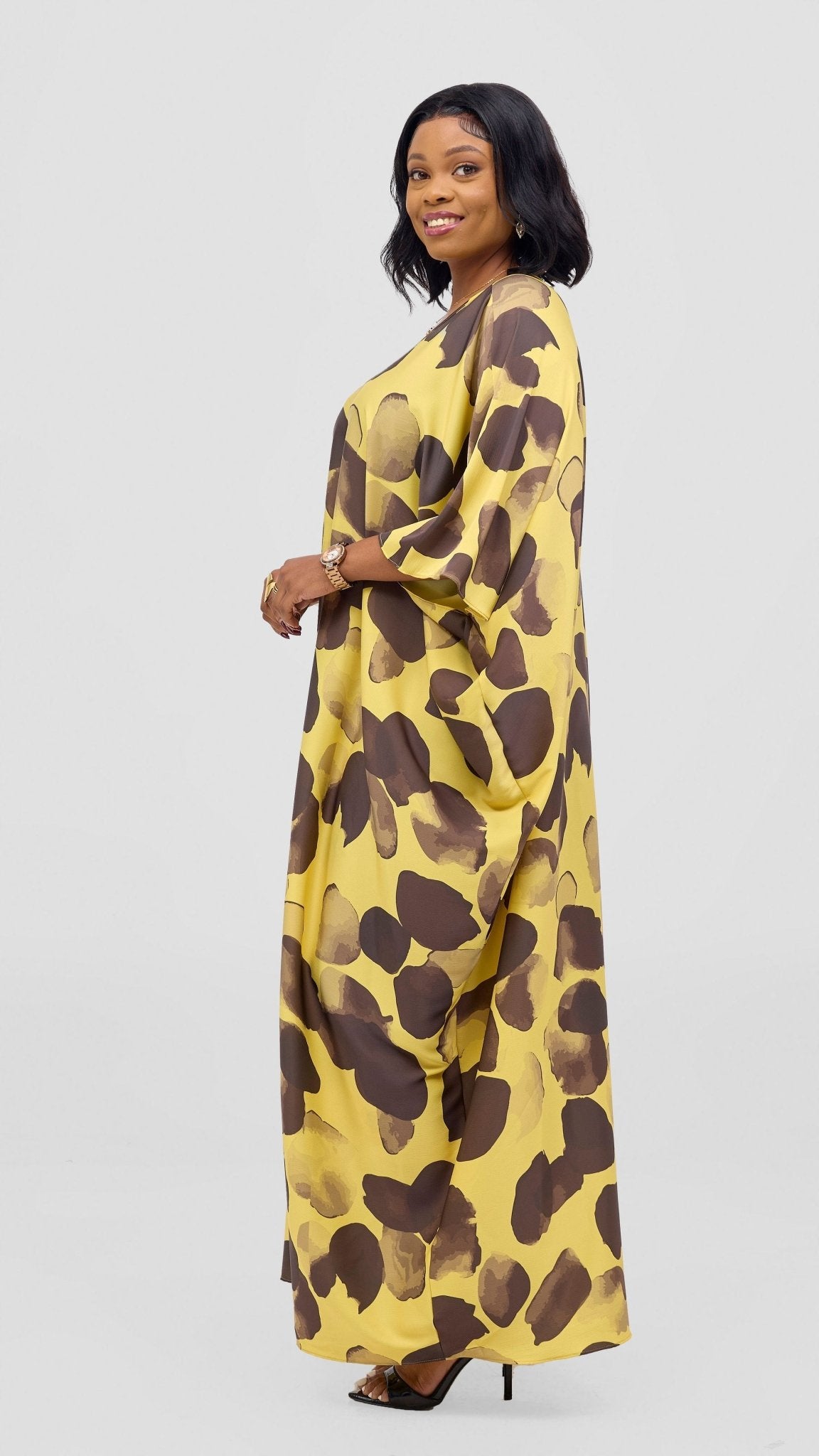 Vivo Keza V - Neck Maxi Kaftan - Yellow / Dark Brown Arisi Print - Shopzetu