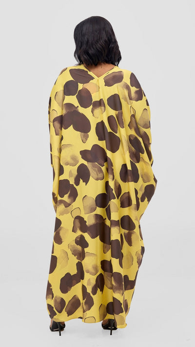 Vivo Keza V - Neck Maxi Kaftan - Yellow / Dark Brown Arisi Print - Shopzetu