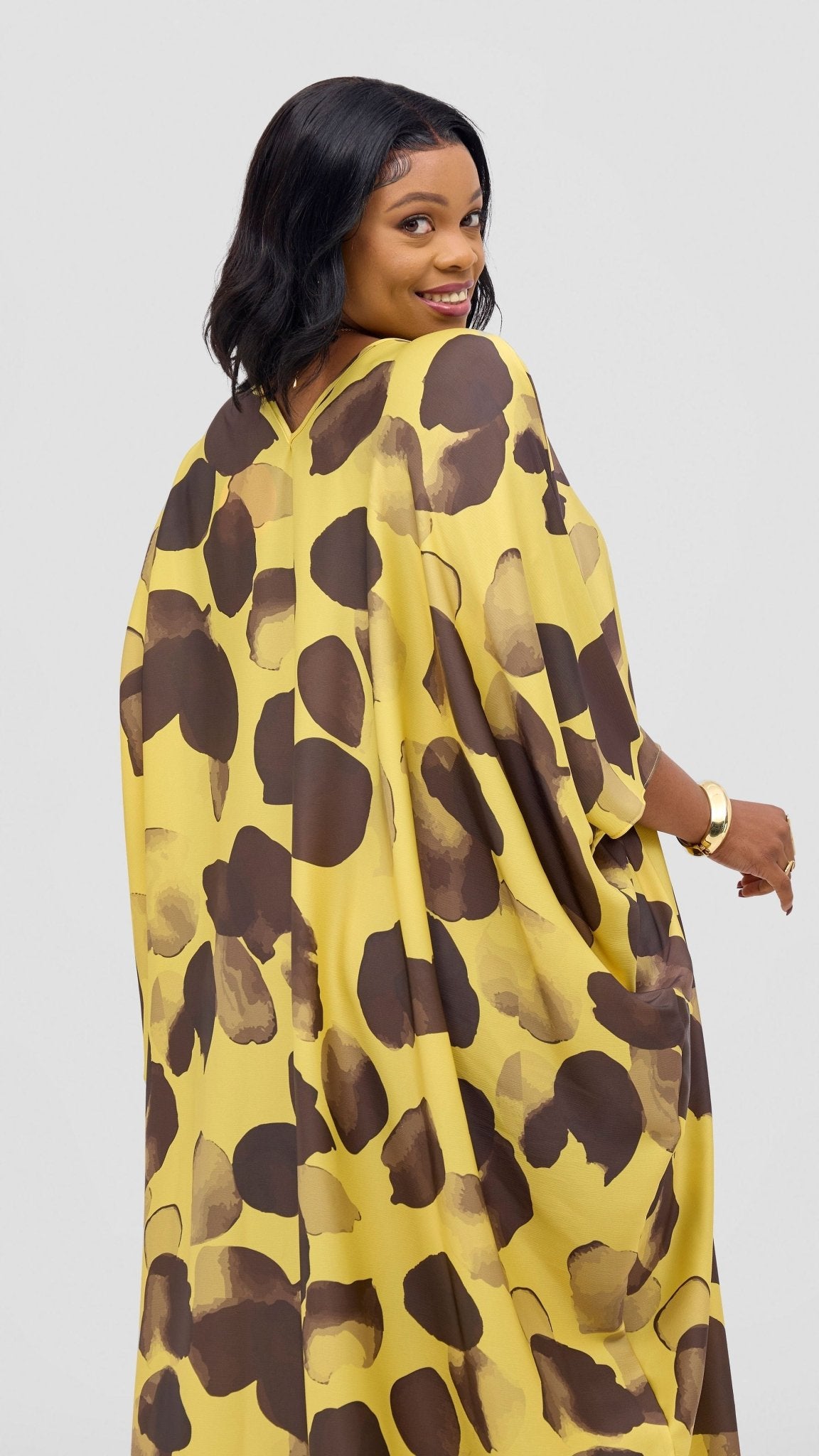 Vivo Keza V - Neck Maxi Kaftan - Yellow / Dark Brown Arisi Print - Shopzetu