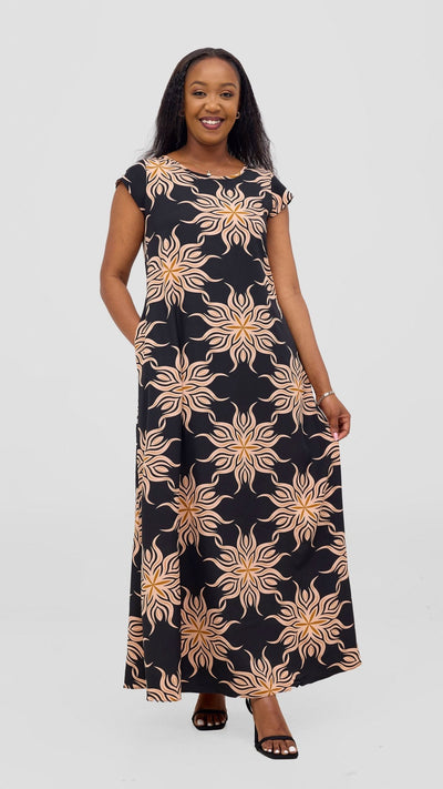 Vivo Basic Round Neck Maxi Dress - Black / Rust Print - Shopzetu