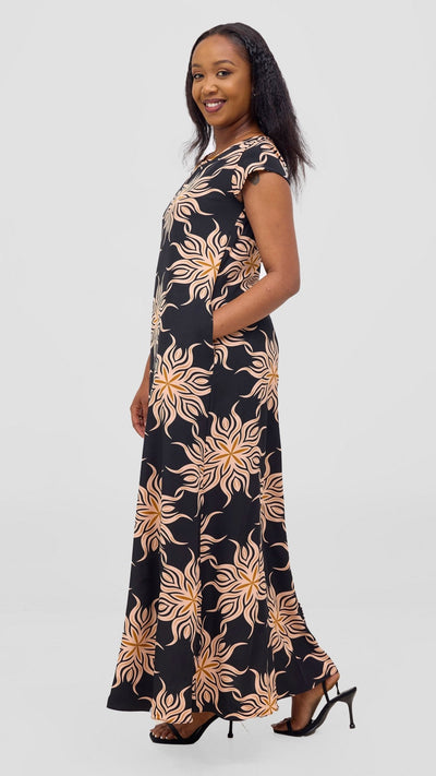 Vivo Basic Round Neck Maxi Dress - Black / Rust Print - Shopzetu