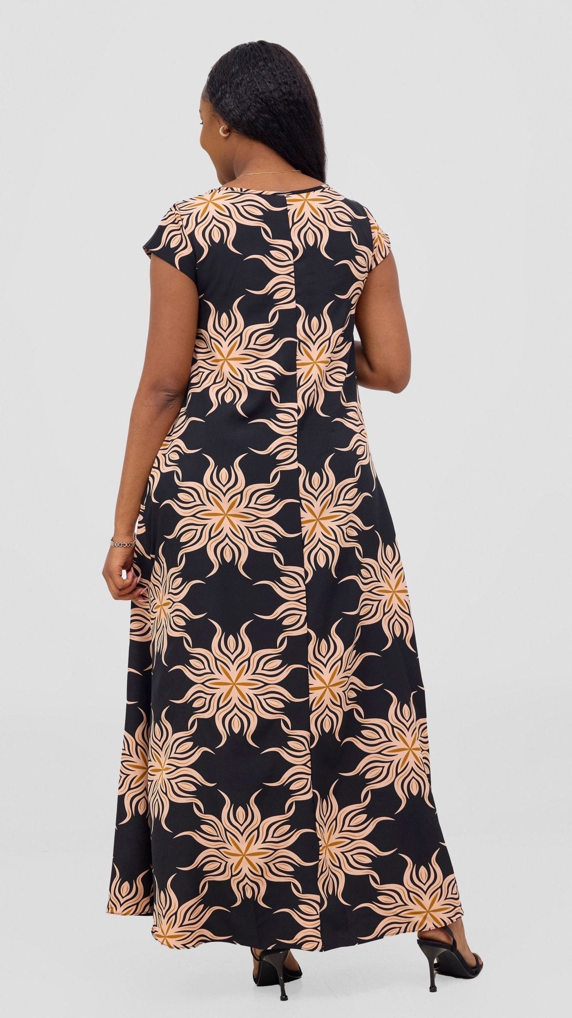Vivo Basic Round Neck Maxi Dress - Black / Rust Print - Shopzetu