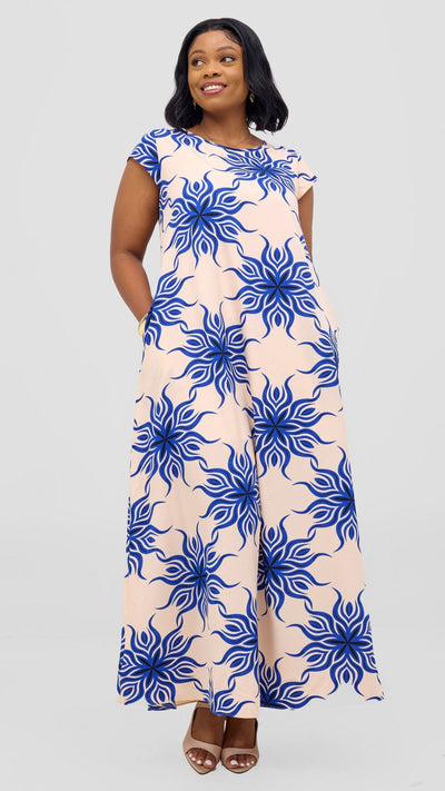 Vivo Basic Round Neck Maxi Dress - Blue / Black Print - Shopzetu