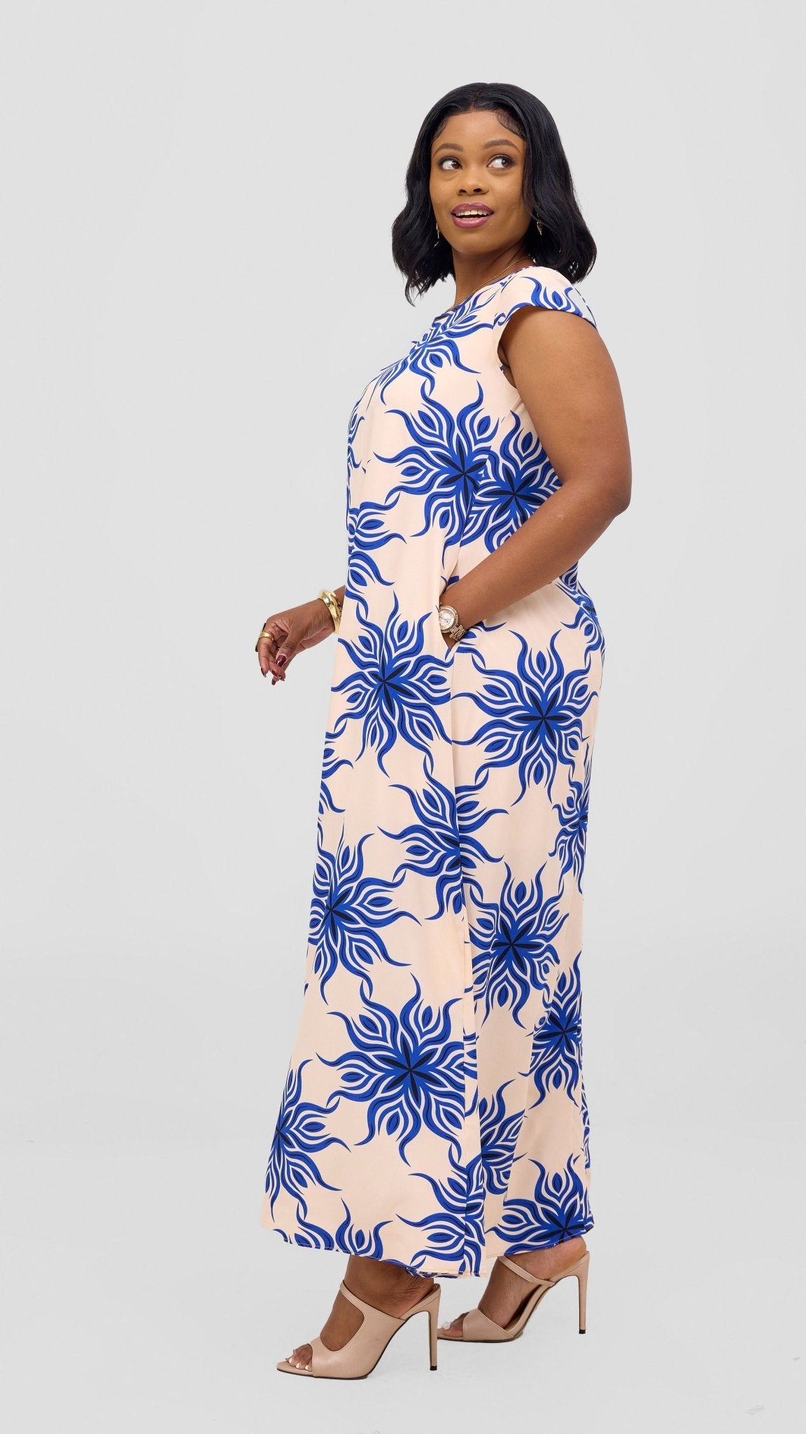 Vivo Basic Round Neck Maxi Dress - Blue / Black Print - Shopzetu