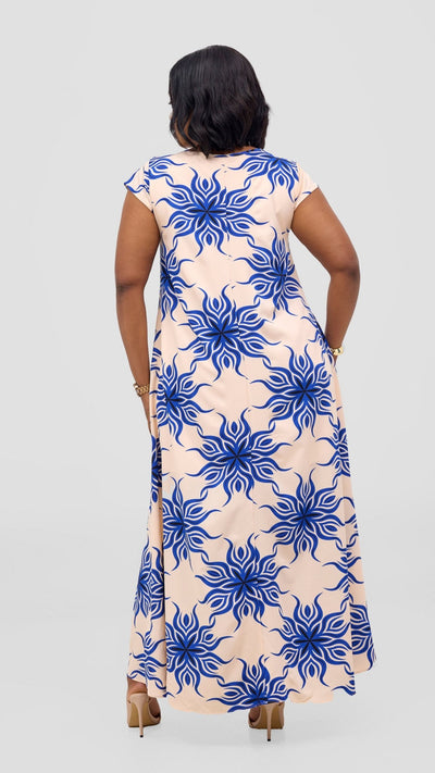 Vivo Basic Round Neck Maxi Dress - Blue / Black Print - Shopzetu