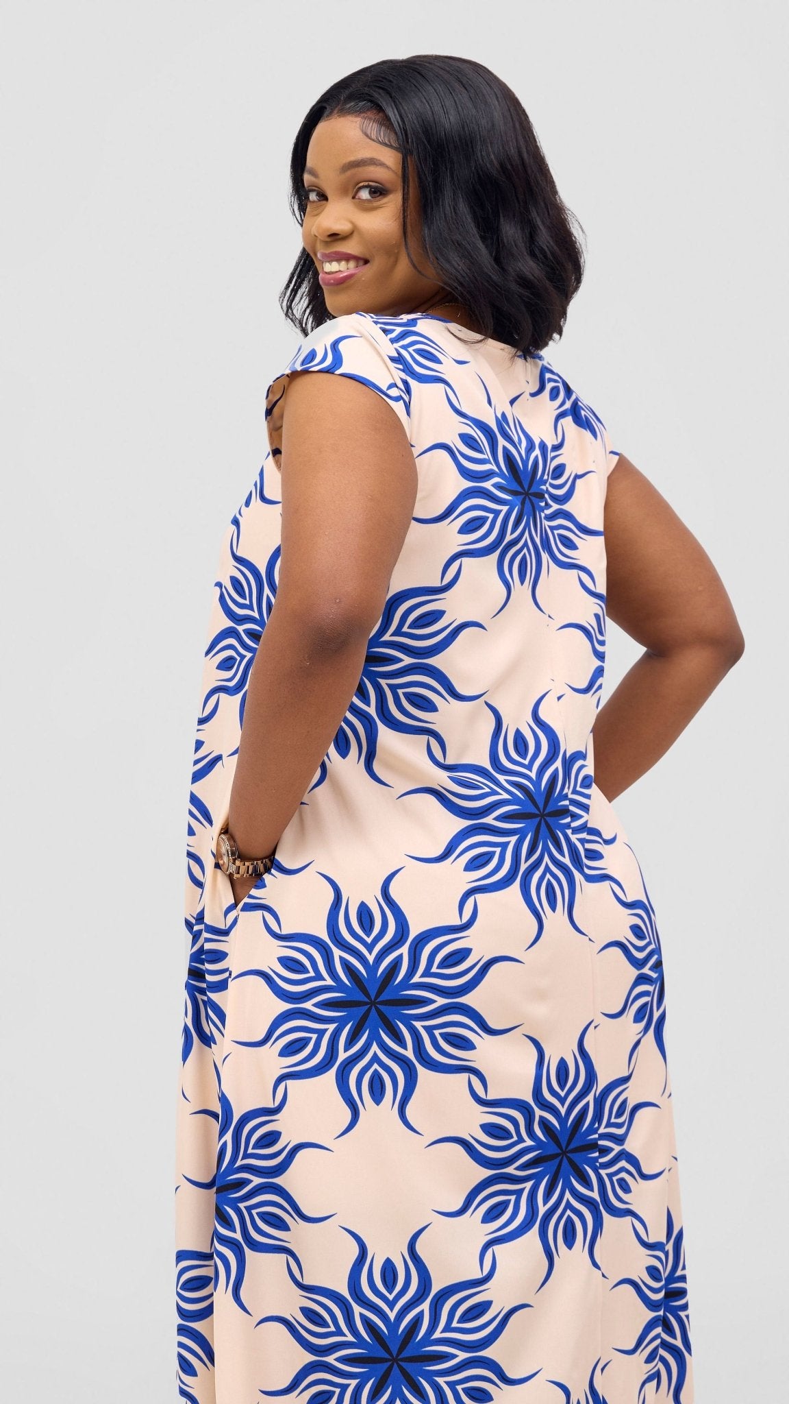 Vivo Basic Round Neck Maxi Dress - Blue / Black Print - Shopzetu