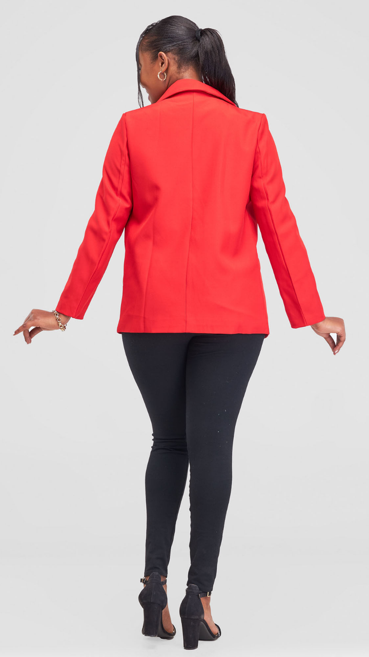 The Fashion Frenzy Elara Tailored Double-Button Blazer - Red