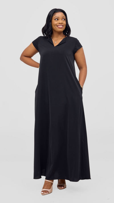 Vivo Zola V Neck Cap Sleeve Maxi Dress - Black - Shopzetu