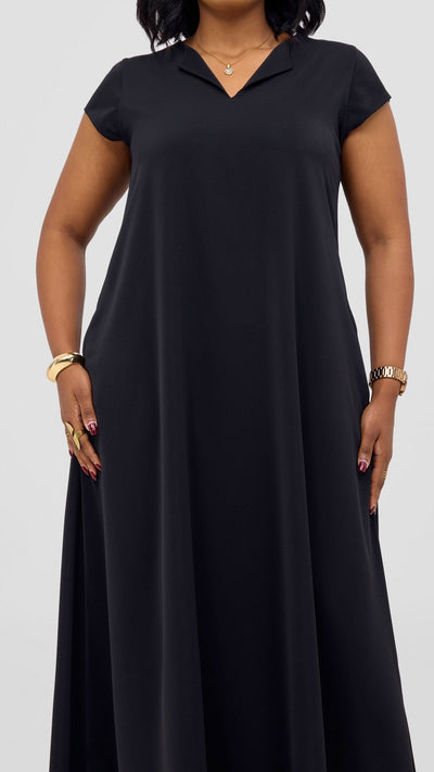 Vivo Zola V Neck Cap Sleeve Maxi Dress - Black - Shopzetu