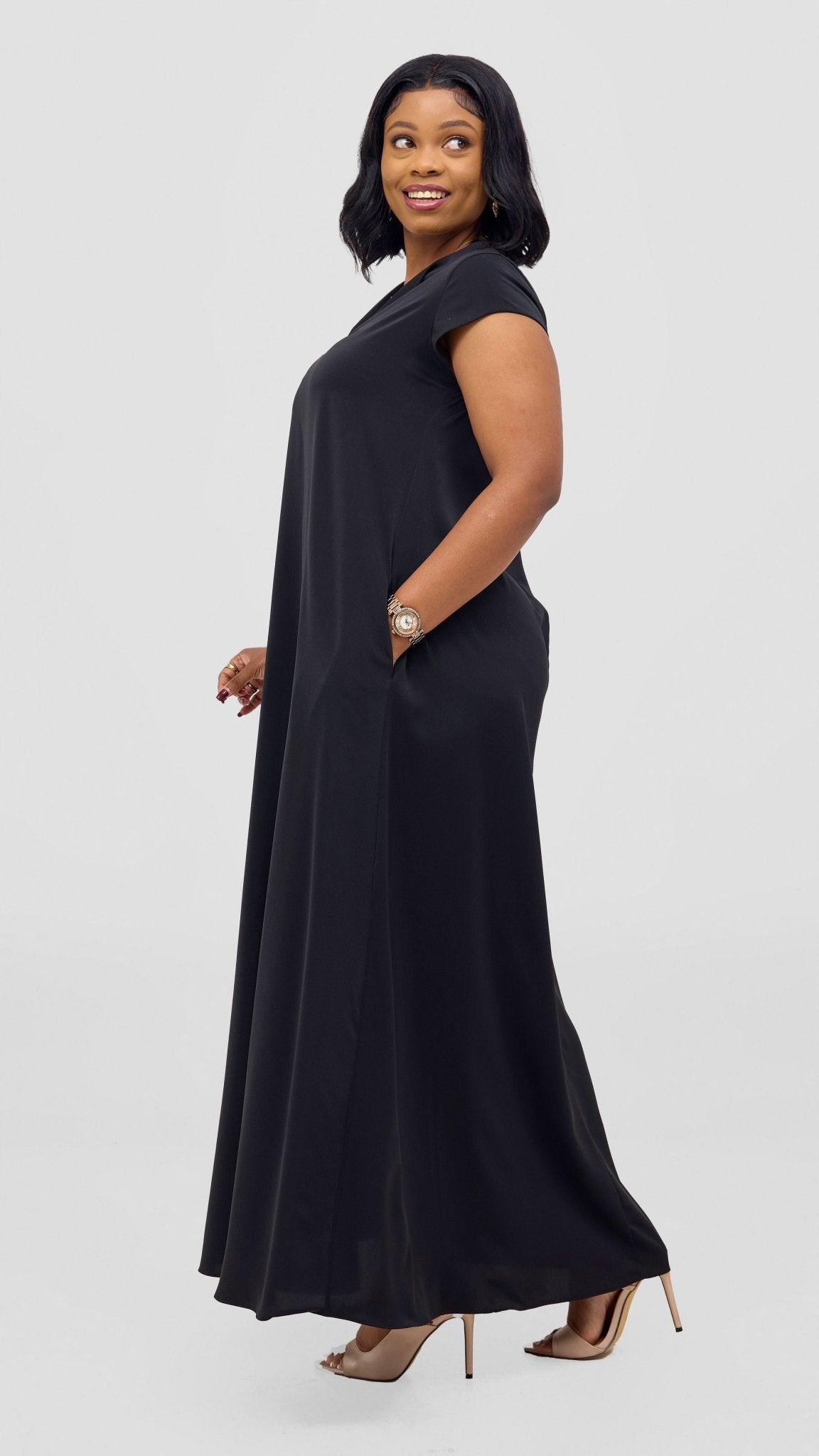 Vivo Zola V Neck Cap Sleeve Maxi Dress - Black - Shopzetu
